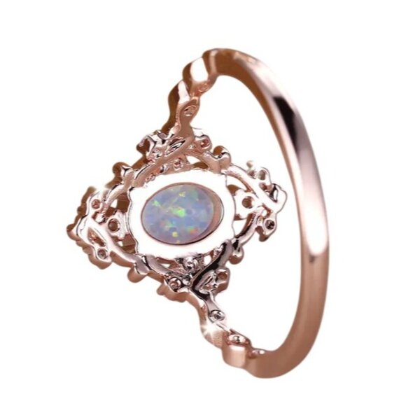 White Egg Shape Opal Rings Ethiopian Fire Opal Engagement Ring 14K Gold plated - Picture 4 of 5